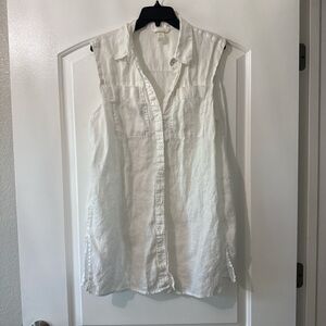 Sleeveless White Button-Front Linen Blend Tunic Top